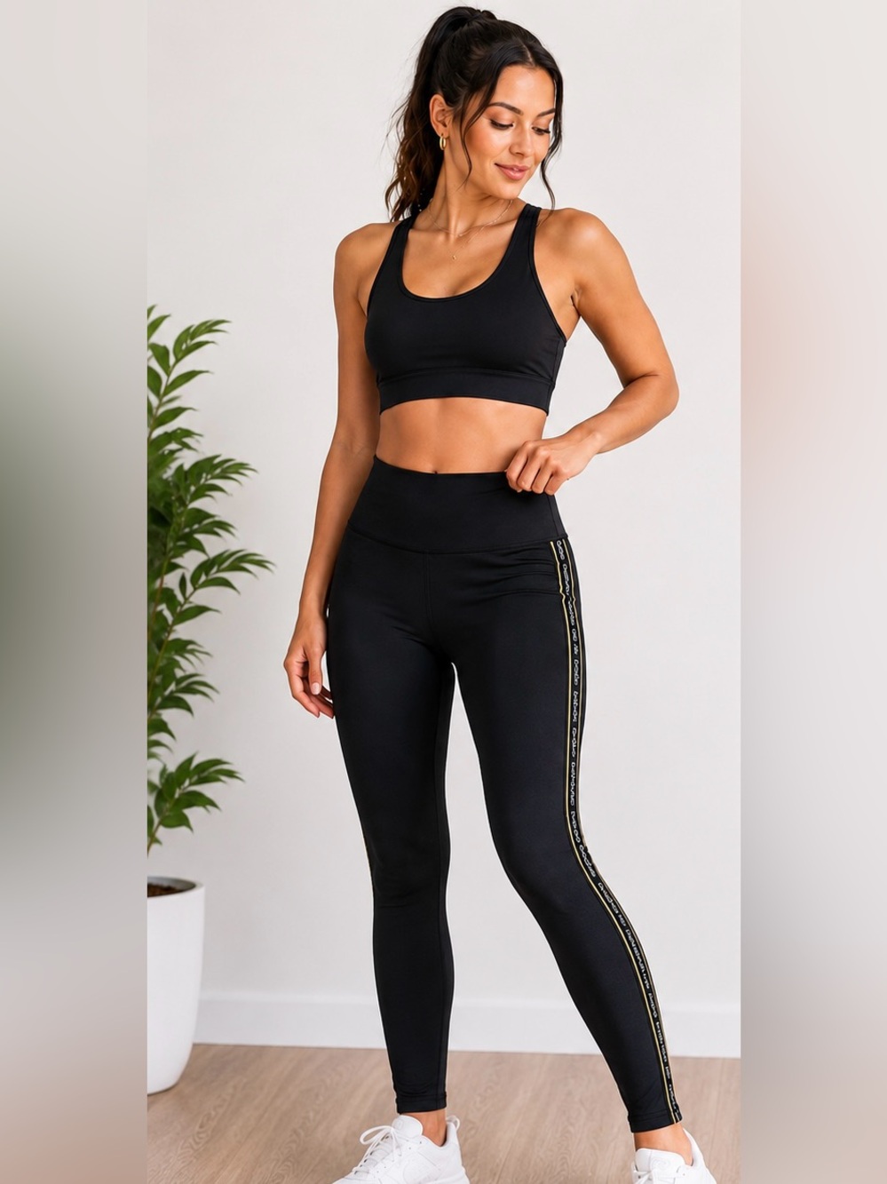Bebe Sport Black Gold Logo Side Stripe Ankle Leggings Womens Medium Athleisure
